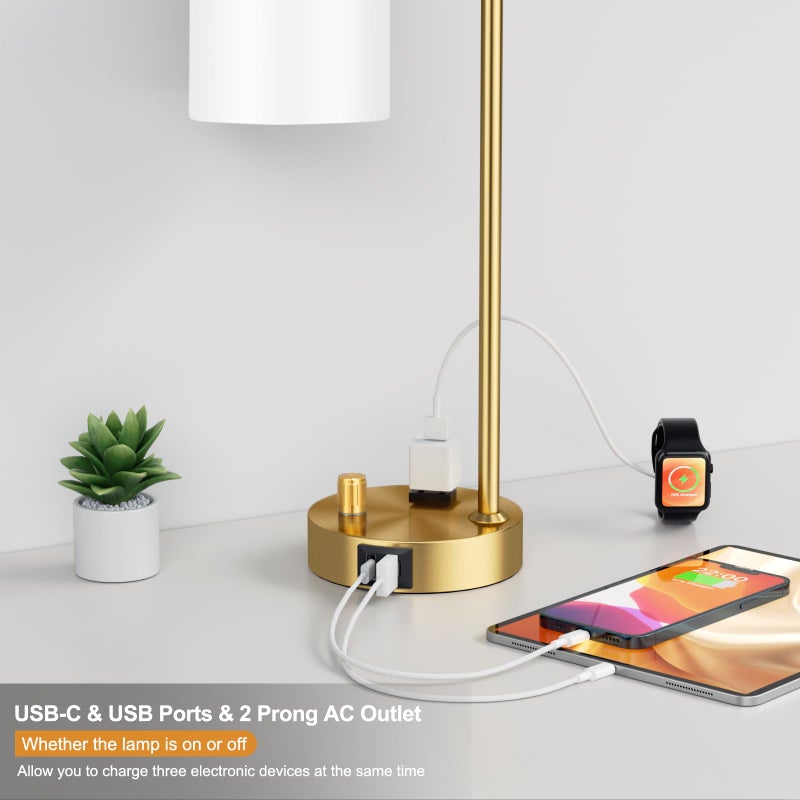 Innqoo Gold Lamp for Bedroom - Industrial Bedside Table Lamp with USB Port and Outlet, Fully Dimmable Nightstand Lamp with Opal Glass Shade, Small Desk Lamps for Home Office - Image 3