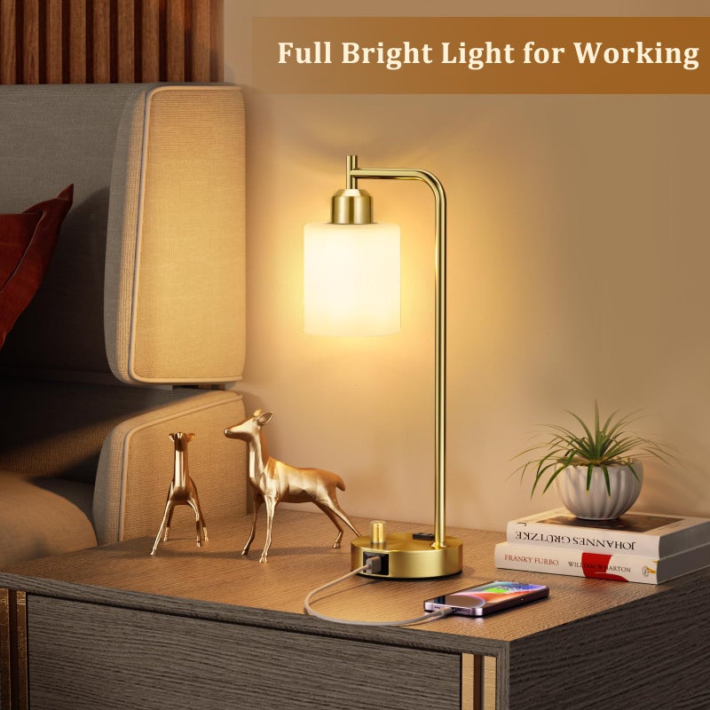 Innqoo Gold Lamp for Bedroom - Industrial Bedside Table Lamp with USB Port and Outlet, Fully Dimmable Nightstand Lamp with Opal Glass Shade, Small Desk Lamps for Home Office - Image 5
