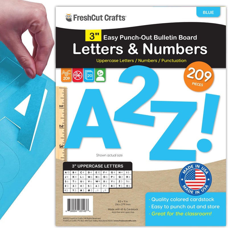 209 Pcs 3 Blue Bulletin Board Letters Numbers Capital Letters Numbers Punctuation US Made Card Stock Punch Out Letters for Poster Bulletin Board Classroom Precut Letters Numbers