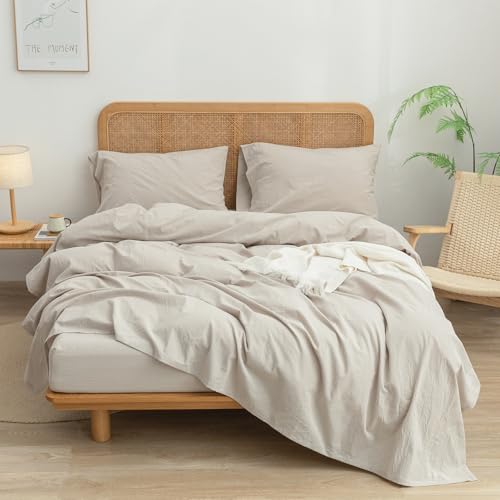 BESTOUCH Flat Sheet Only 100 Washed Cotton Linen Feel WrinkleFree FadeResistant StainResistant Bed Top Sheet Solid Linen Grey Queen - Image 3
