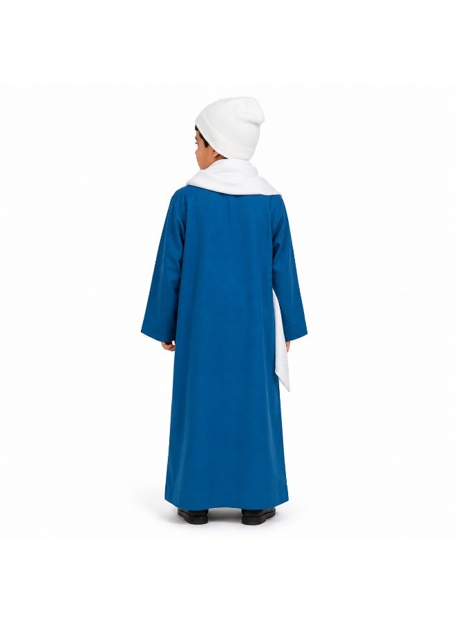 Joy Land Egyptian Farmer Costume for Kids, Blue Galabeya with White Shawl and Beanie Hat -4-Piece Traditional Outfit. - Image 5