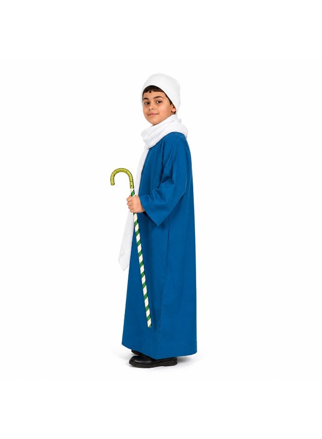 Joy Land Egyptian Farmer Costume for Kids, Blue Galabeya with White Shawl and Beanie Hat -4-Piece Traditional Outfit. - Image 4