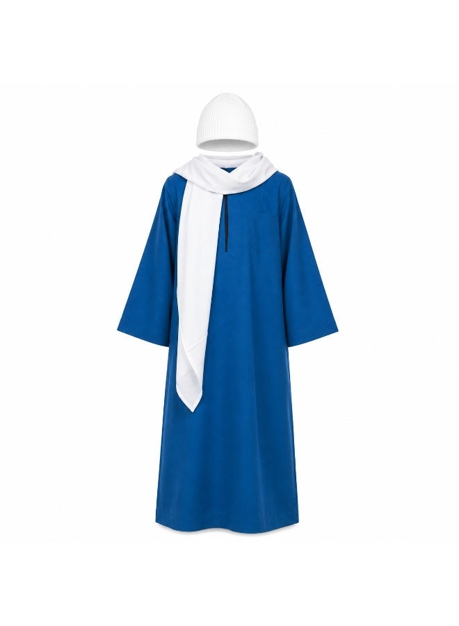Joy Land Egyptian Farmer Costume for Kids, Blue Galabeya with White Shawl and Beanie Hat -4-Piece Traditional Outfit. - Image 2