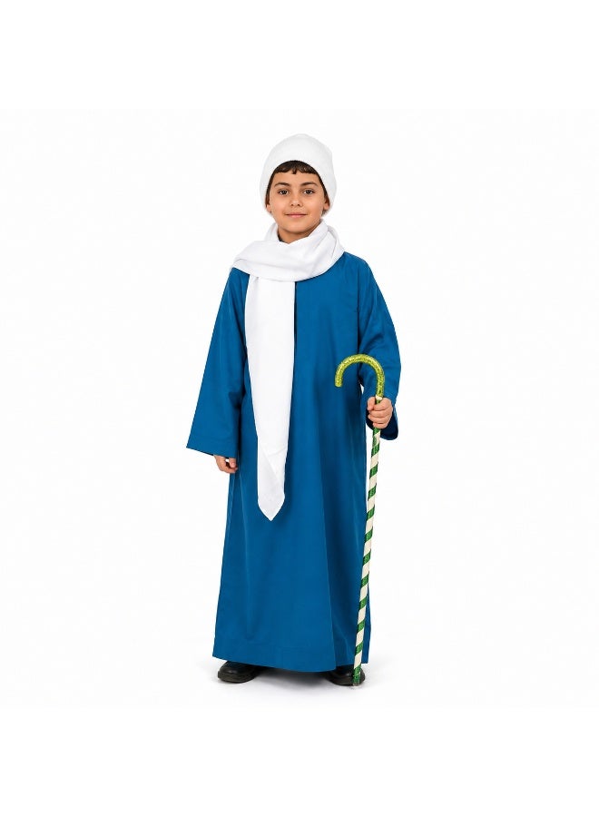 Joy Land Egyptian Farmer Costume for Kids, Blue Galabeya with White Shawl and Beanie Hat -4-Piece Traditional Outfit. - Image 1
