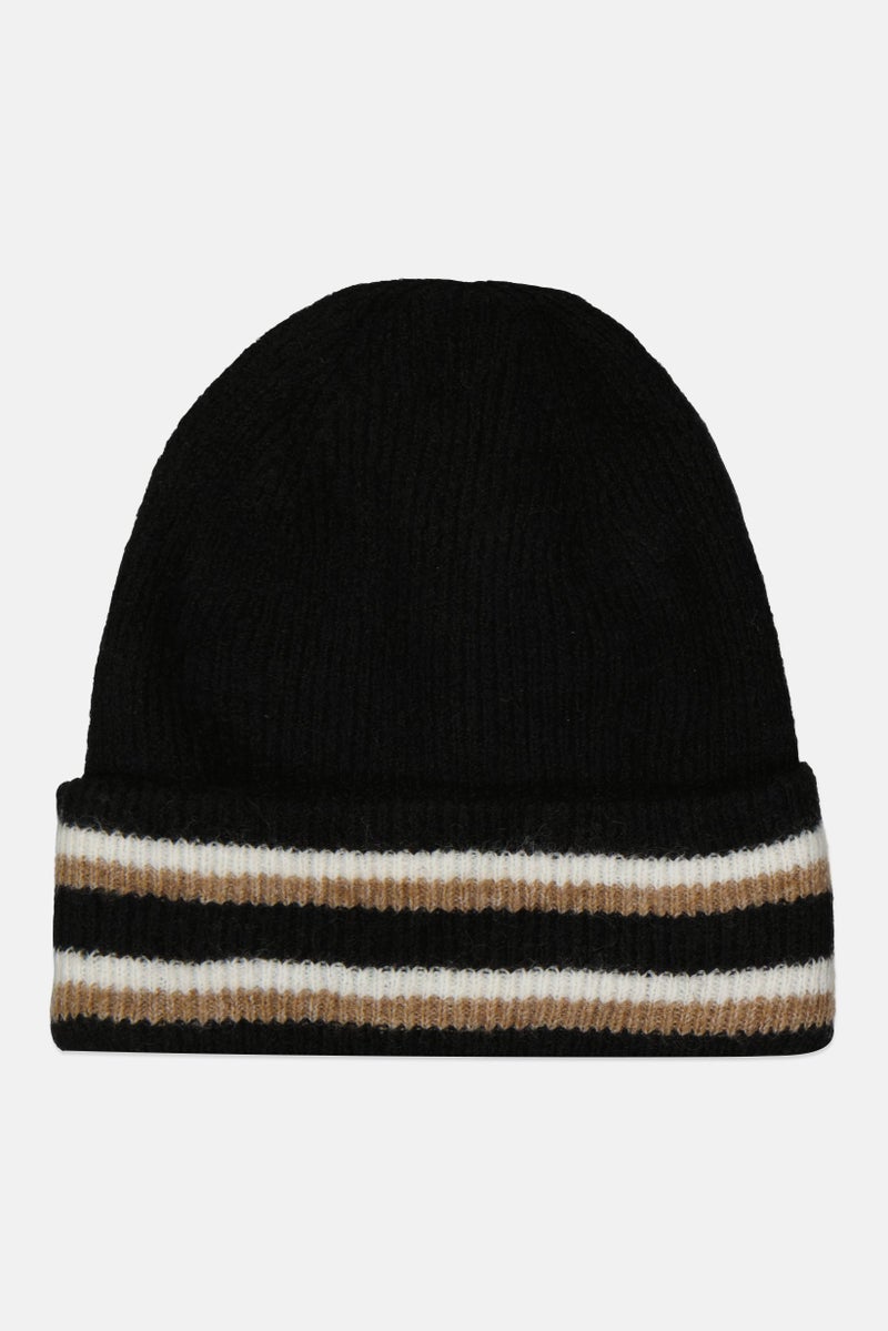 Reserved Women Stripe Knitted Beanie Hat, Black - Image 1