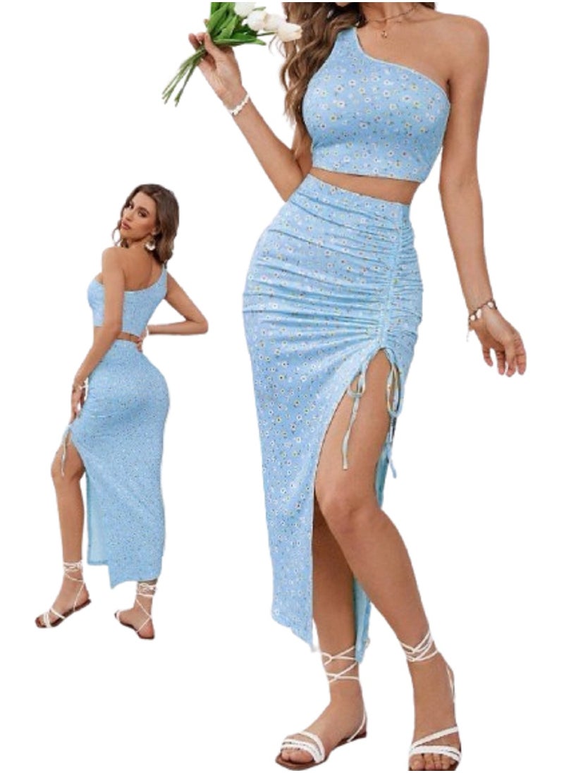 Ward - Women's Lingerie set with Floral Prints One-Shoulder Design and Adjustable Side Slit Long Skirt - Image 1