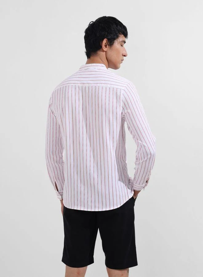 The Indian Garage Co Men Regular Fit Striped Mandarin Collar Full Sleeves Shirt