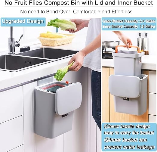 waqif Kitchen Cabinet Door Hanging Trash Can With Lid, 2.4 Gal, Small Under Sink Garbage Can For Restroom, Bathroom, Rv Kitchen Trash Bin, Wall Mounted Counter Waste Compost Bin, Plastic, Open-Top - Image 2