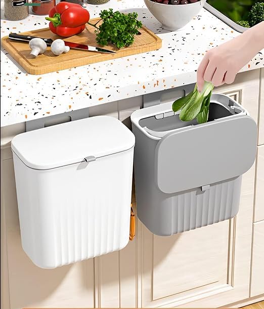 waqif Kitchen Cabinet Door Hanging Trash Can With Lid, 2.4 Gal, Small Under Sink Garbage Can For Restroom, Bathroom, Rv Kitchen Trash Bin, Wall Mounted Counter Waste Compost Bin, Plastic, Open-Top - Image 5