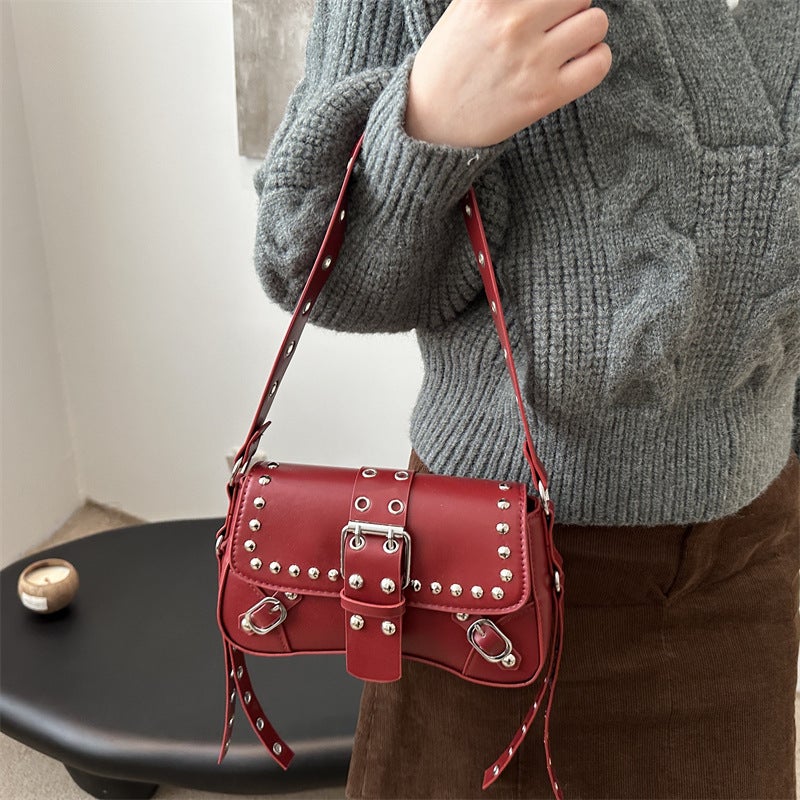 Girl Rivet Bag Women'S 2025 Spring New Texted Personalized Design Motorcycle Shoulder Crossbody Underarm Baguette Bag - Image 4