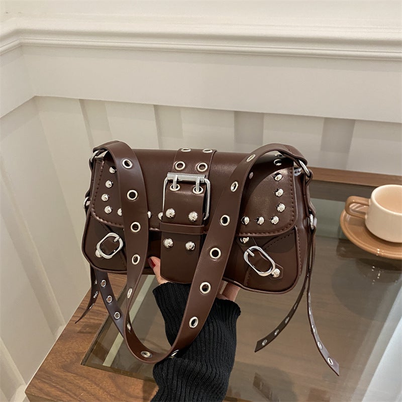 Girl Rivet Bag Women'S 2025 Spring New Texted Personalized Design Motorcycle Shoulder Crossbody Underarm Baguette Bag - Image 1