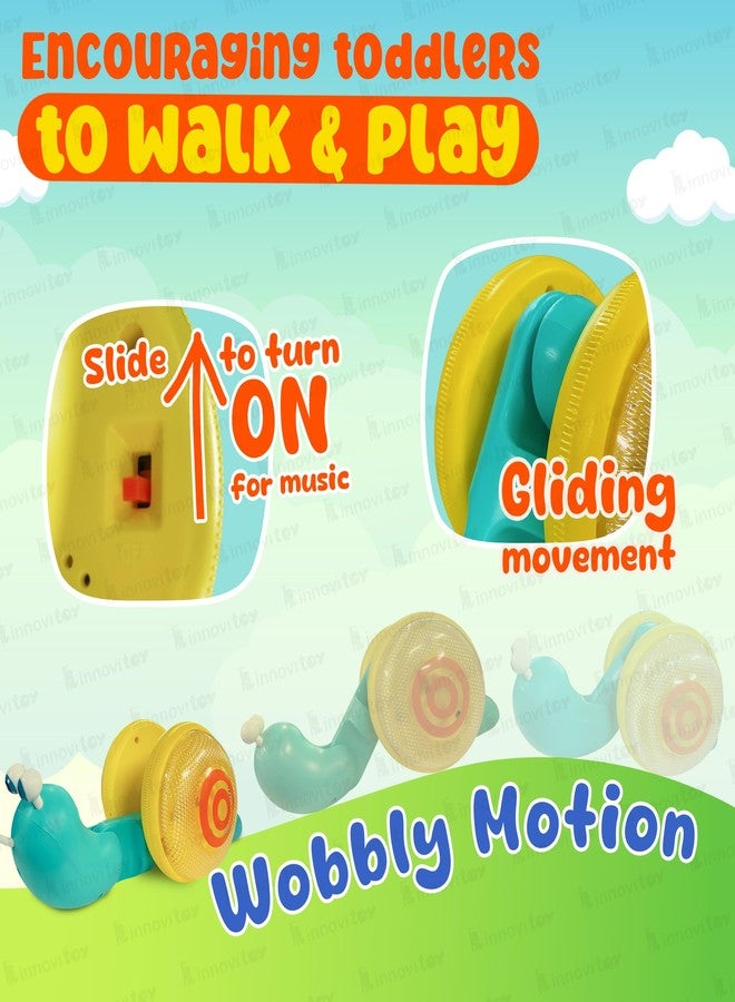Innovitoy Pull Along Snail Baby Toys 6-12 Months | String Attached Wiggle Motion Toy Encourages Walking | Music, Light, Rope | BPA Free Toddler Gift Set - Made in India (Yellow Teal) - Image 4