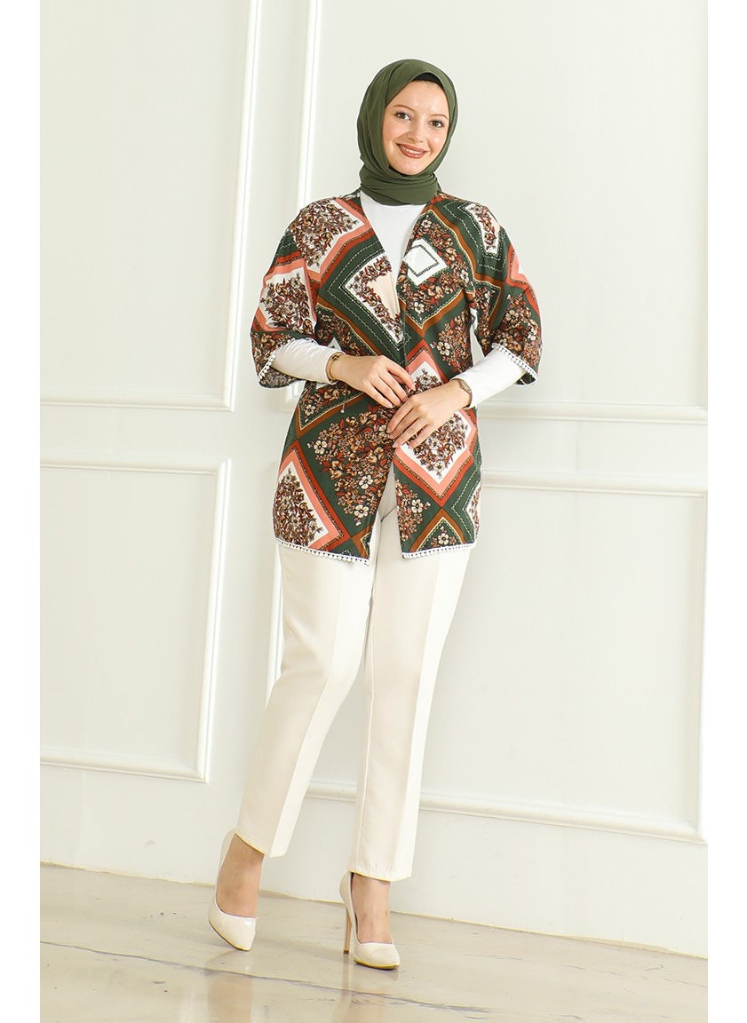 Sefa Merve - Patterned Viscose Kimono 83006D-01 Khaki Brown - Image 1