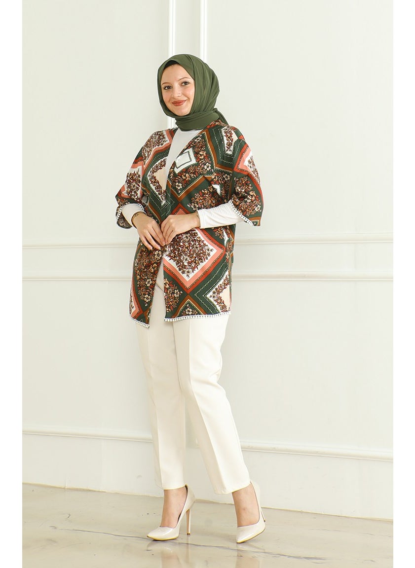 Sefa Merve - Patterned Viscose Kimono 83006D-01 Khaki Brown - Image 1