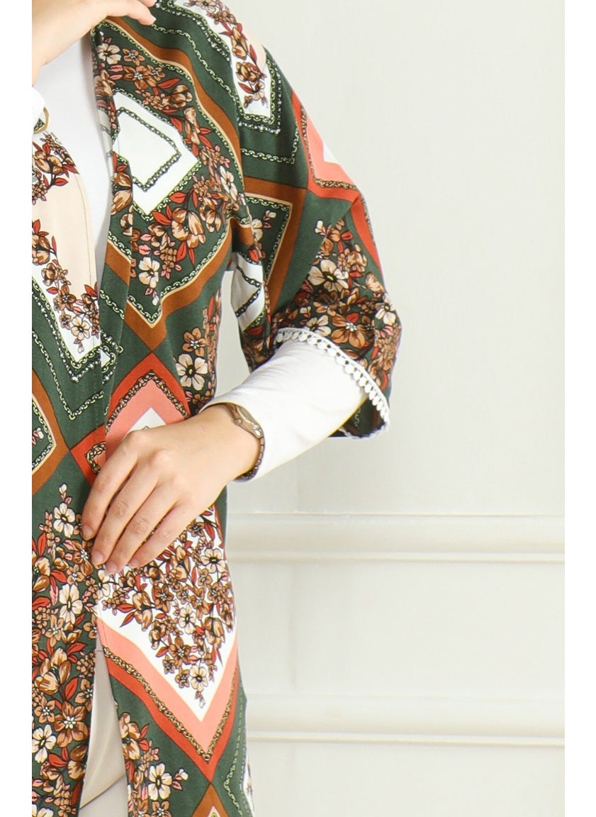 Sefa Merve - Patterned Viscose Kimono 83006D-01 Khaki Brown - Image 1
