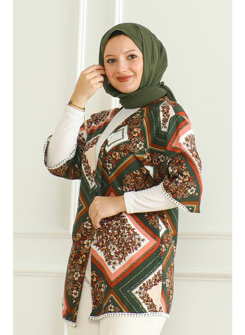 Sefa Merve - Patterned Viscose Kimono 83006D-01 Khaki Brown - Image 1