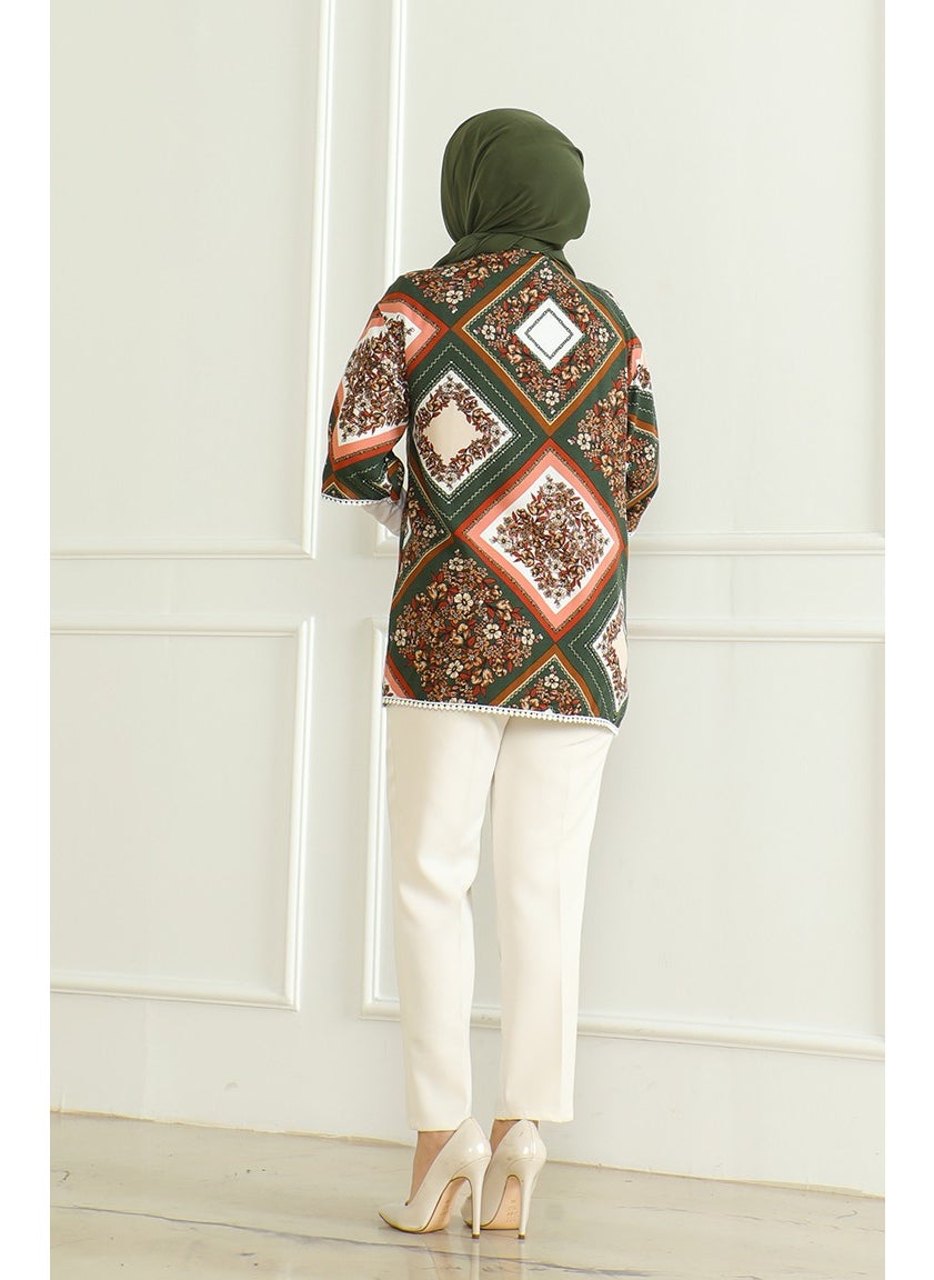 Sefa Merve - Patterned Viscose Kimono 83006D-01 Khaki Brown - Image 1