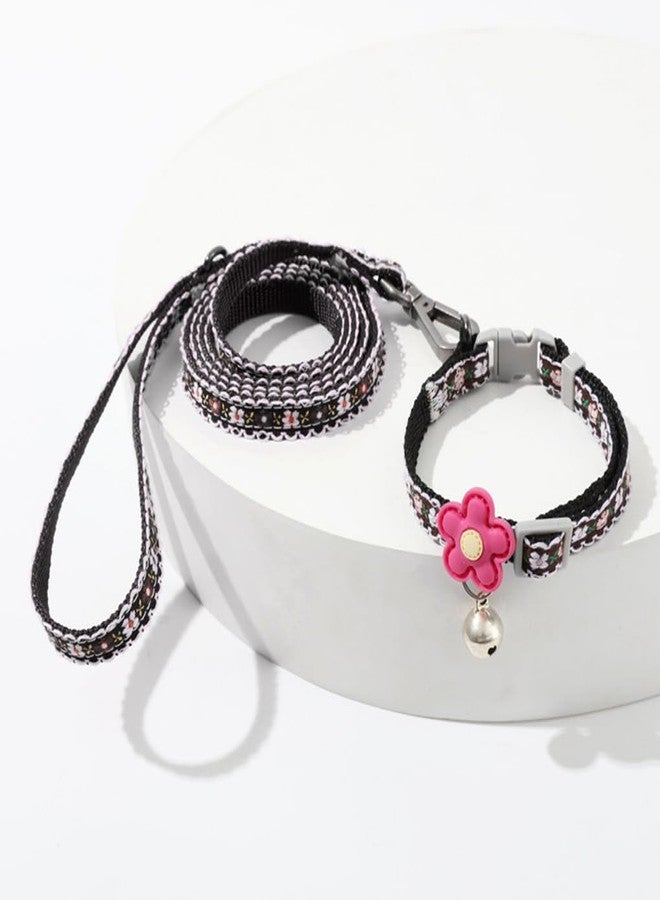 WeimoMonkey Black Dog Collar with Bell Leash Set, Nylon Basic Small Dog Collar Boy Floral Print for XXS XS S Dog Kitten Pet Animal Tiny - Image 2