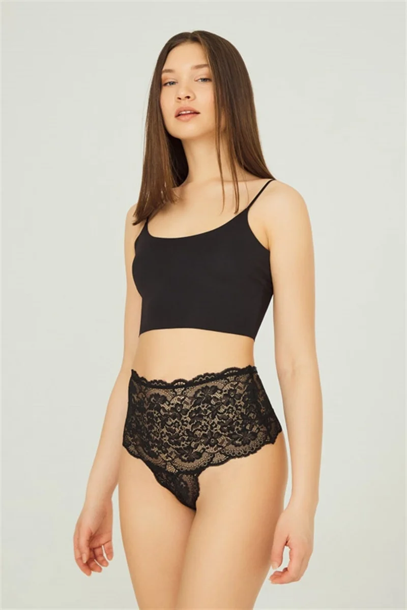 COTTONHILL Black Lace Elastic Detailed High Waist Women's Thong Panties
