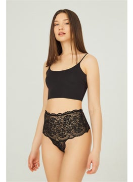 COTTONHILL Black Lace Elastic Detailed High Waist Women's Thong Panties  - Image 3
