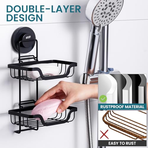 TAILI Double Layer Soap Holder DrillFree Bar Soap Dish Tray Suction Cup Draining for Shower Wall Bath Storage Rustproof Stainless Steel Sponge Holder for Tub Kitchen Black - Image 3