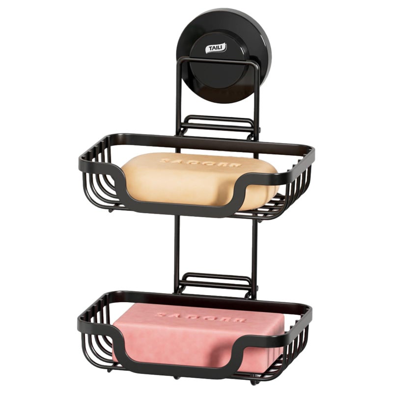 TAILI Double Layer Soap Holder DrillFree Bar Soap Dish Tray Suction Cup Draining for Shower Wall Bath Storage Rustproof Stainless Steel Sponge Holder for Tub Kitchen Black - Image 2