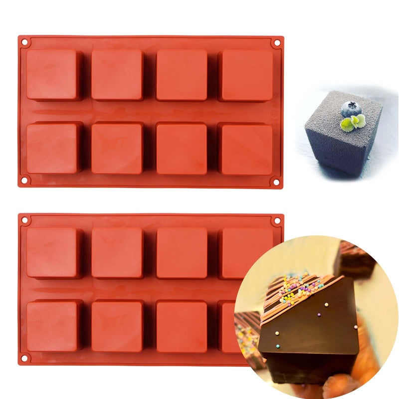 Large Square Silicone Molds 2 Pack Candy Cake Mould 8Cavity Chocolate Molds for Baking Mousse Cake Dessert Cheesecake Pop Truffle Caramels Jelly Brownie for Party