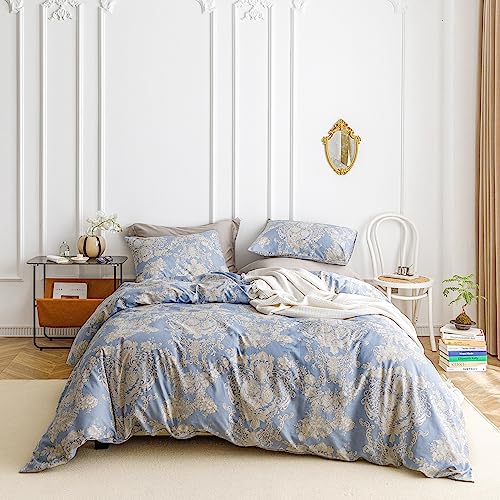 SUSYBAO Bohemian Damask Duvet Cover King 100 Cotton Boho Khaki Floral Duvet Cover 3 Pcs Set 1 Blue Paisley Flower Duvet Cover with Zipper Ties 2 Pillowcases Luxury Soft Beige Botanical Bedding - Image 3