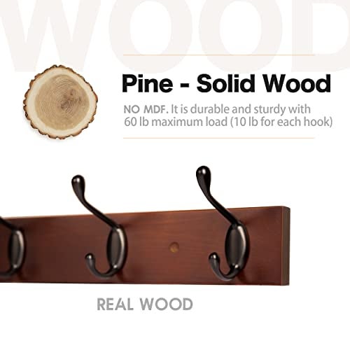 ROOREVO Coat Rack Wall Mount - 24 Inch with 6 Coat Hooks, Wall hat Hanger, Coat Racks, Walnut, Pack of 2 - Image 2