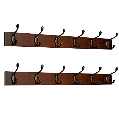 ROOREVO Coat Rack Wall Mount - 24 Inch with 6 Coat Hooks, Wall hat Hanger, Coat Racks, Walnut, Pack of 2 - Image 1
