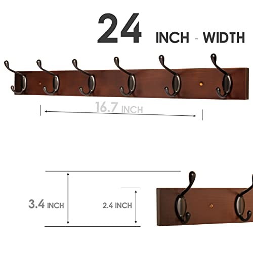 ROOREVO Coat Rack Wall Mount - 24 Inch with 6 Coat Hooks, Wall hat Hanger, Coat Racks, Walnut, Pack of 2 - Image 5