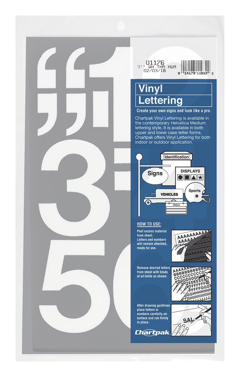 CHARTPAK SelfAdhesive Vinyl Numbers 3 Inches High White 10 per Pack 01176