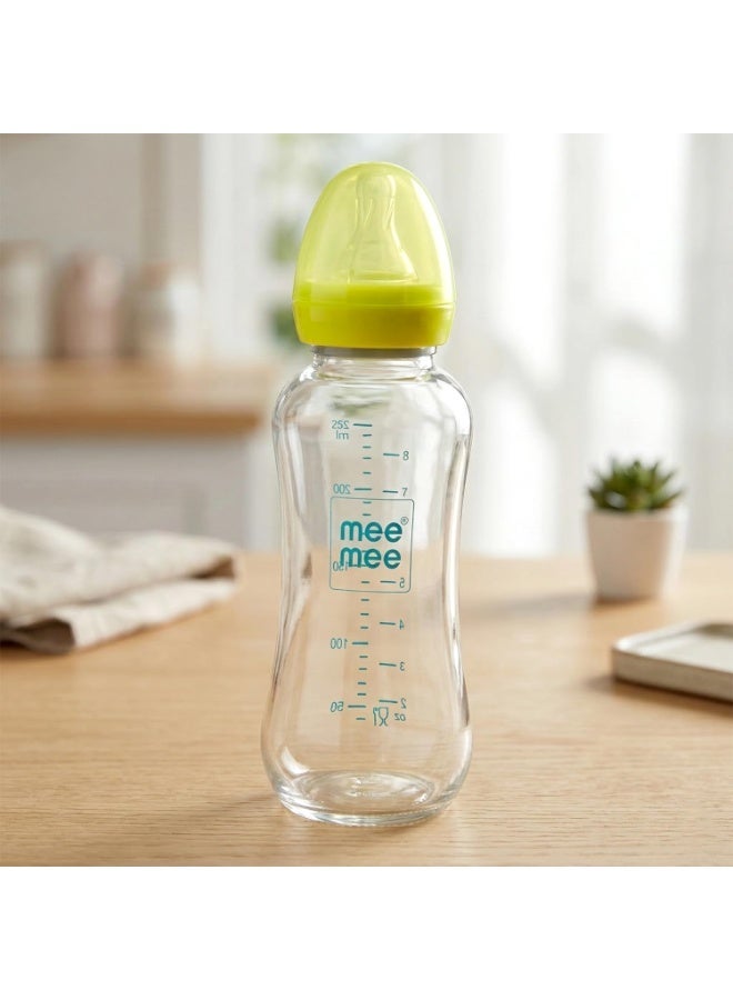 Mee Mee Glass Feeding Bottle 240ml| Baby Milk Bottle with Eazy Flo Technology, Anti-Colic Valve, Anti-Slip Ergonomic Shape & Slim Neck | BPA-Free, Borosilicate Glass Feeding Bottle for 0m+/Babies Upto 3 Years (Green)