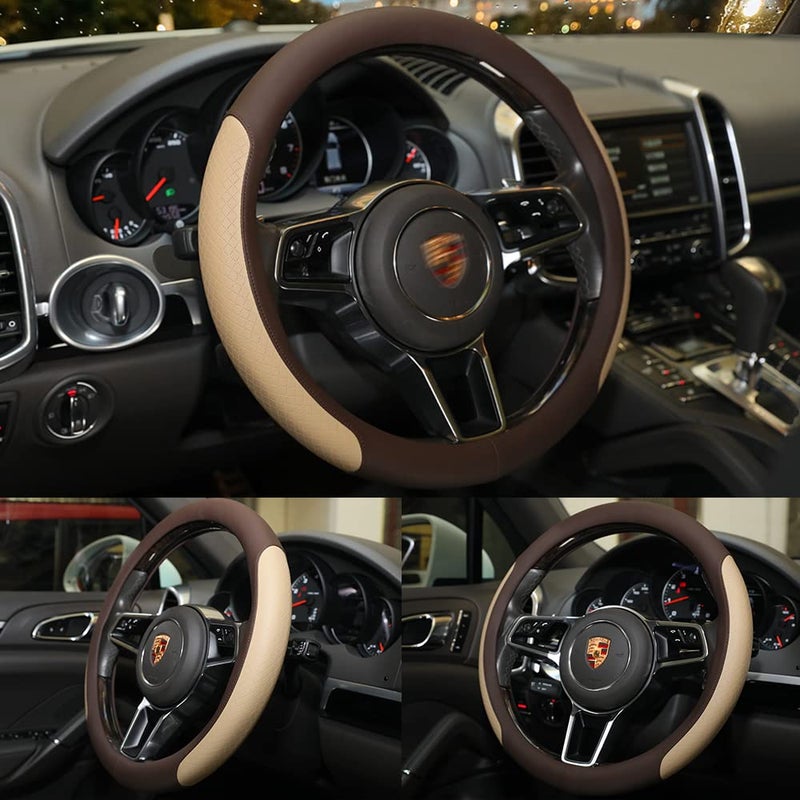 VARGTR Steering Wheel Cover, Microfiber Leather Splicing with Classic Embossing,Contrasting Colors Anti-Slip Breathable Auto Car Steering Wheel Cover Fit 15 Inch Car Wheel Protector (Coffee&Beige) - Image 3