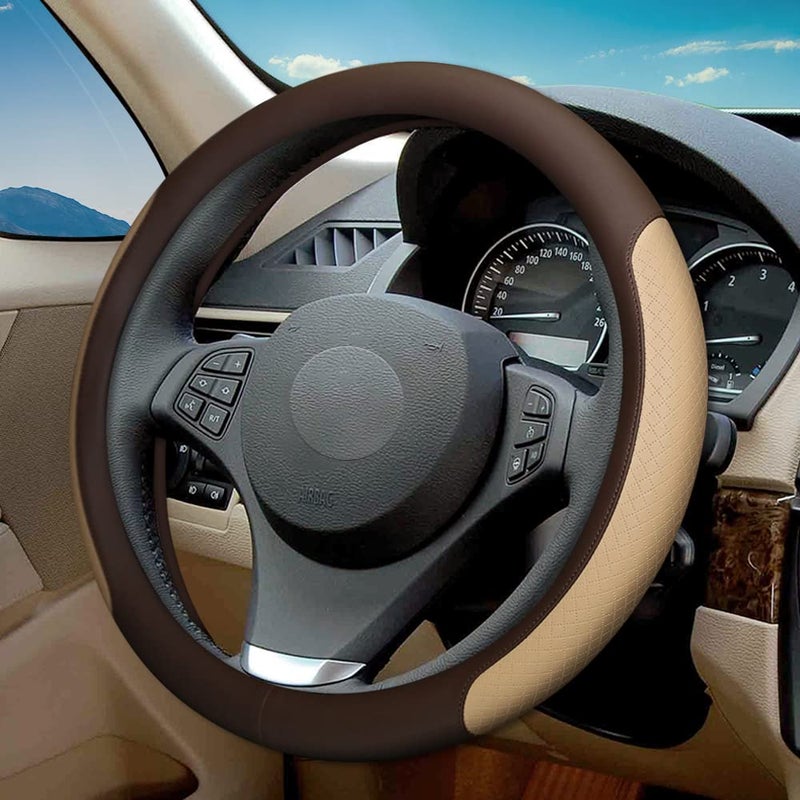 VARGTR Steering Wheel Cover, Microfiber Leather Splicing with Classic Embossing,Contrasting Colors Anti-Slip Breathable Auto Car Steering Wheel Cover Fit 15 Inch Car Wheel Protector (Coffee&Beige) - Image 1