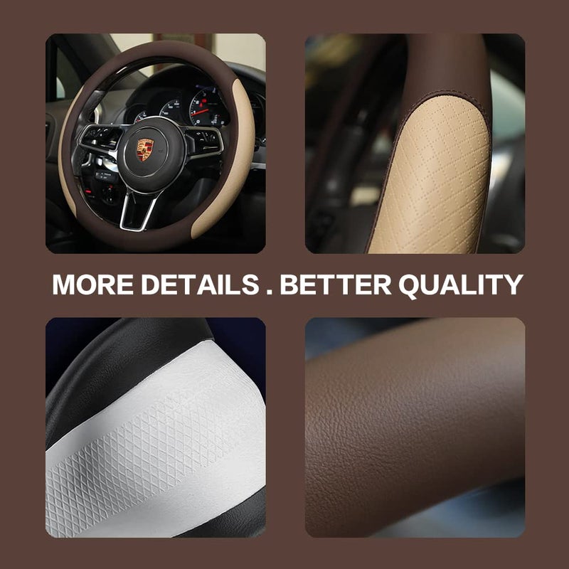 VARGTR Steering Wheel Cover, Microfiber Leather Splicing with Classic Embossing,Contrasting Colors Anti-Slip Breathable Auto Car Steering Wheel Cover Fit 15 Inch Car Wheel Protector (Coffee&Beige) - Image 5
