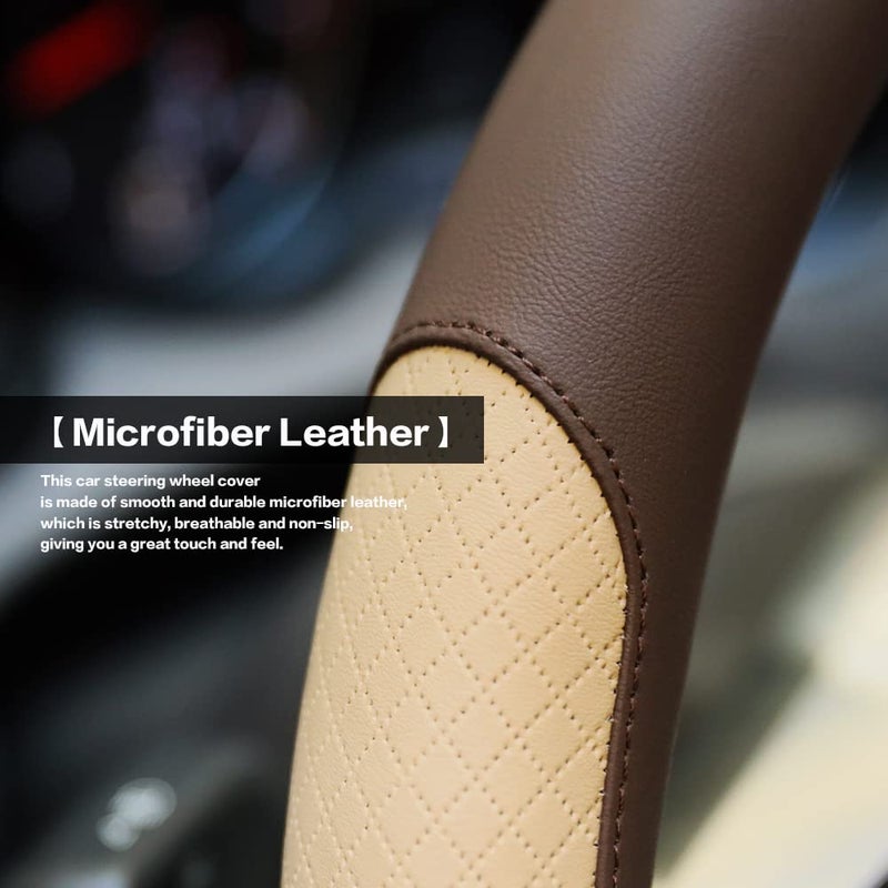 VARGTR Steering Wheel Cover, Microfiber Leather Splicing with Classic Embossing,Contrasting Colors Anti-Slip Breathable Auto Car Steering Wheel Cover Fit 15 Inch Car Wheel Protector (Coffee&Beige) - Image 2