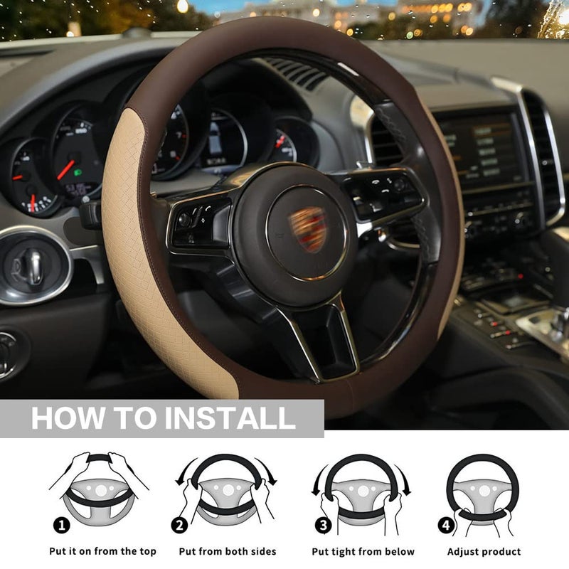 VARGTR Steering Wheel Cover, Microfiber Leather Splicing with Classic Embossing,Contrasting Colors Anti-Slip Breathable Auto Car Steering Wheel Cover Fit 15 Inch Car Wheel Protector (Coffee&Beige) - Image 4
