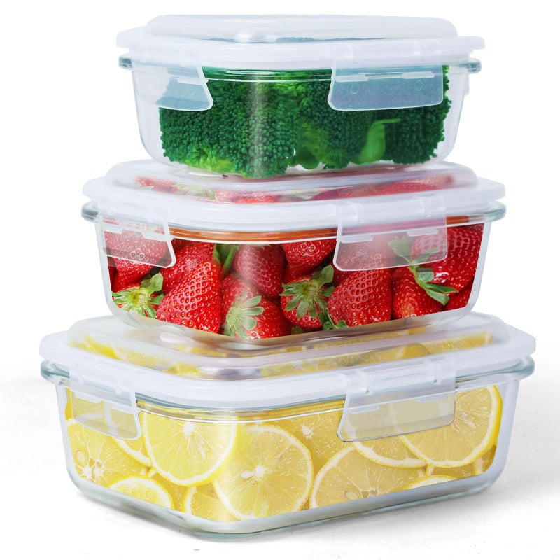 سكاي تاتش 3 قطع حاويات تخزين زجاجية محكمة الإغلاق صناديق بينتو مجموعة مع أغطية قفل مانعة للتسرب أغطية زجاجية آمنة للميكروويف هشاشة للمطبخ المنزلي والمكتب التخييم وتخزين وجبة الإعداد