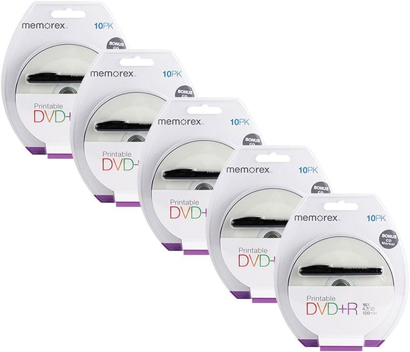 Blank DVD-R DVD+R 16X 10-Pack with Bonus Marker - Bulk Pack of Five 10-Packs (50 Total Discs) (32020060051)