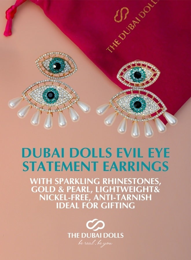 دبي دولز أقراط دبي دولز عين الحسد الفاخرة بحجارة الراين اللامعة | ذهبي ولؤلؤي، خفيفة الوزن، خالية من النيكل، مقاومة للتشوه | مثالية للهدايا - Image 2