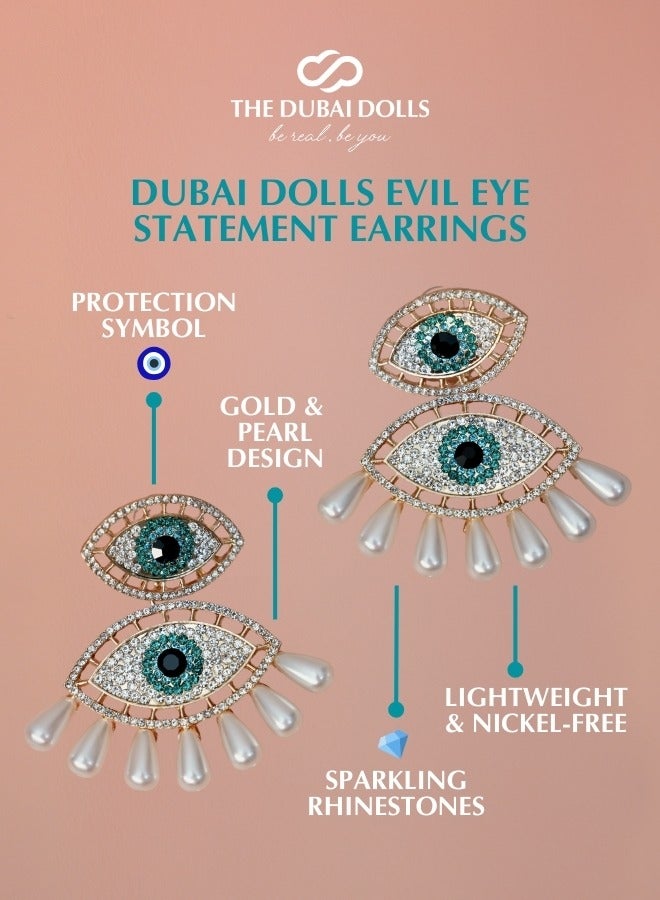دبي دولز أقراط دبي دولز عين الحسد الفاخرة بحجارة الراين اللامعة | ذهبي ولؤلؤي، خفيفة الوزن، خالية من النيكل، مقاومة للتشوه | مثالية للهدايا - Image 3