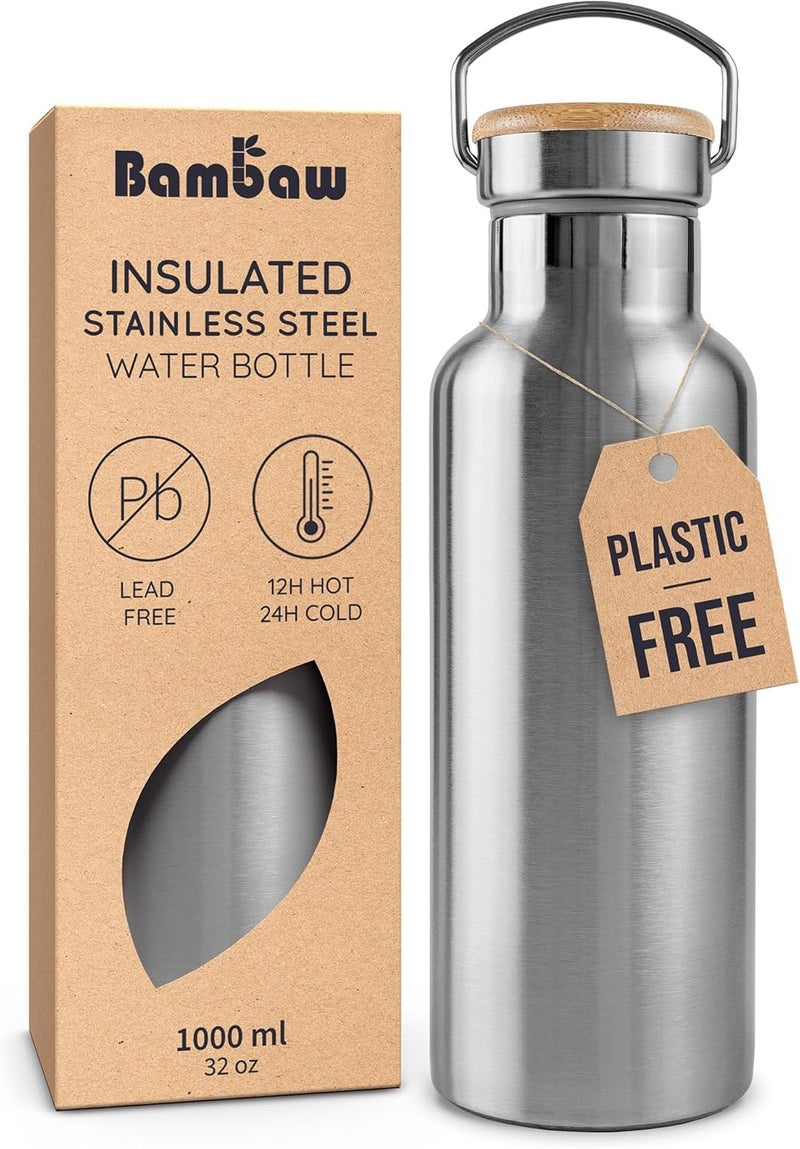 Bambaw Stainless Steel Water Bottle 1000 ml | Thermos Flask | Insulated Flask | Eco Flask | Reusable Water Bottle | Stainless Steel Bottle without Plastic - Image 1