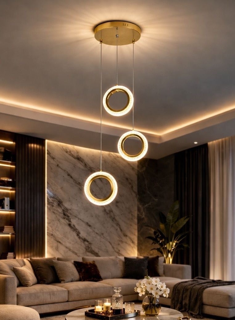 Hamer Luxury Gold Triple-Ring Chandelier 125 cm Length 3 Light Colors 25W Adjustable Length to Suit Your Décor and Preference - Image 2