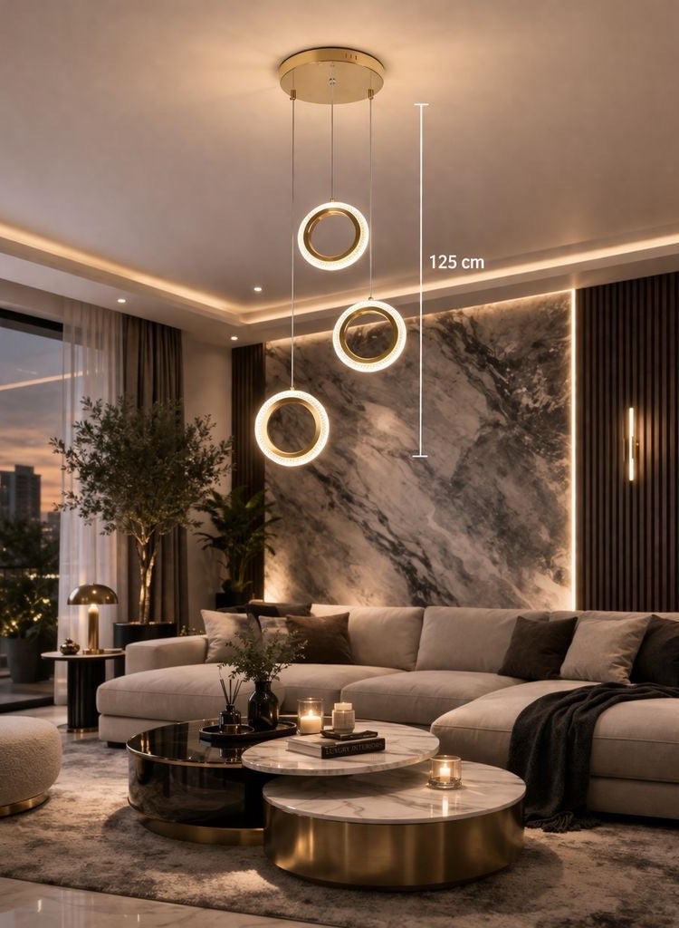 Hamer Luxury Gold Triple-Ring Chandelier 125 cm Length 3 Light Colors 25W Adjustable Length to Suit Your Décor and Preference - Image 4