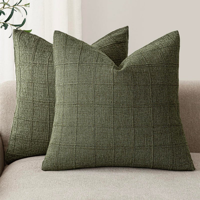 Foindtower Set of 2 Decorative Linen Check Throw Pillow Covers Neutral Farmhouse Vintage Cushion Covers Modern Boho Home Decor for Sofa Chair Couch Bedroom Living Room1818 InchOlive Green - Image 2