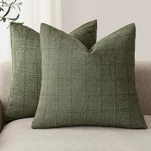 Foindtower Set of 2 Decorative Linen Check Throw Pillow Covers Neutral Farmhouse Vintage Cushion Covers Modern Boho Home Decor for Sofa Chair Couch Bedroom Living Room1818 InchOlive Green - Image 1