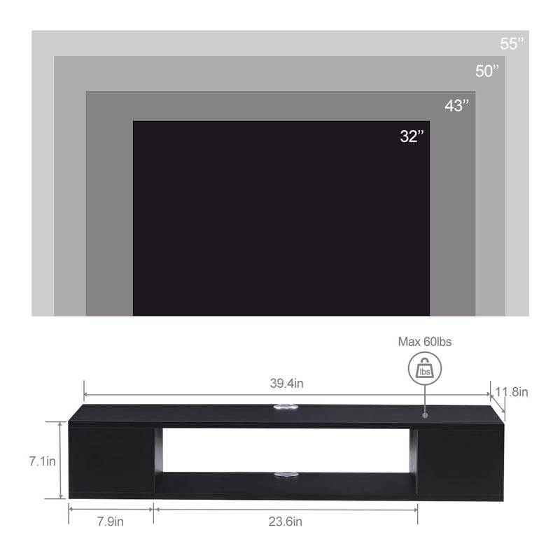 GHC Floating TV Stand, Wall Mounted Entertainment Center and Cabinet Shelf, TV Console with Storageï¼ŒMedia Console for DVD Player, Space-Saving Under TV Shelf for Bedroom, Living Room (Black) - Image 2