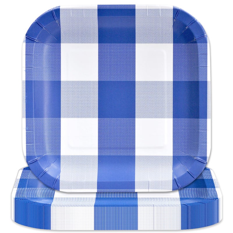 Havercamp Blue Gingham Paper Plates 24 Pcs 9 in Square Heavy Duty Disposable Plates Blue and White Plaid Design Perfect for Christmas Parties Picnics