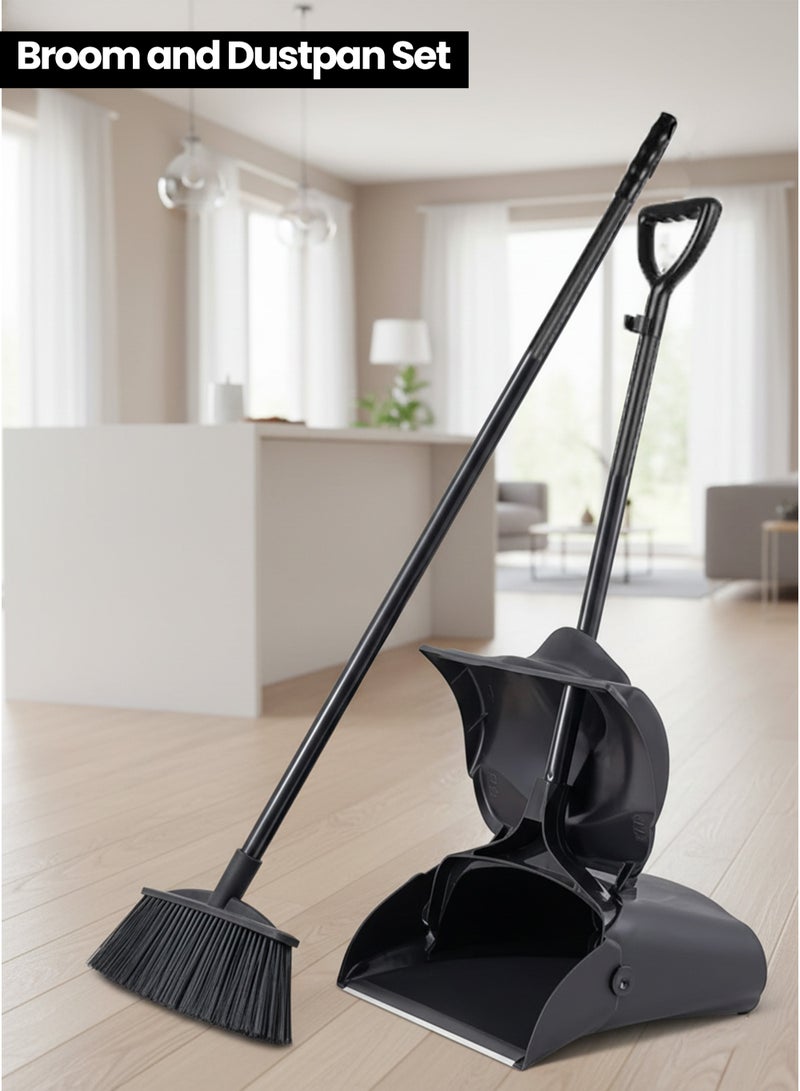 NextWave Broom and Dustpan Set with Stainless Steel Handle Upright Lobby Set for Household Kitchen Room Office Black - Image 1